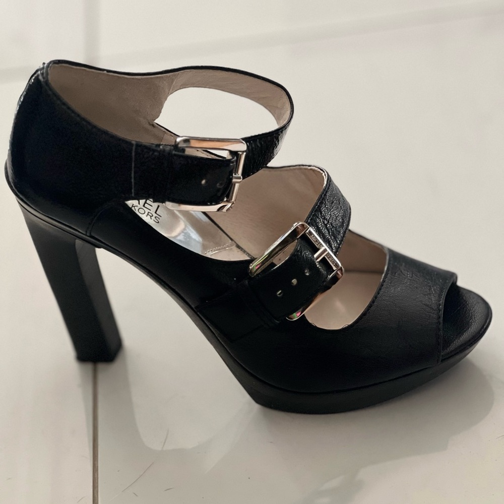 Michael Kors Desert Double Buckle Black Platform Dress Shoes Heels l, SZ 9